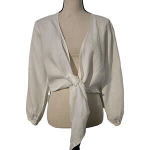 Women's Tribe Kelley Byron Bell Sleeve Linen Top Tie Front Eggshell White Sz XS